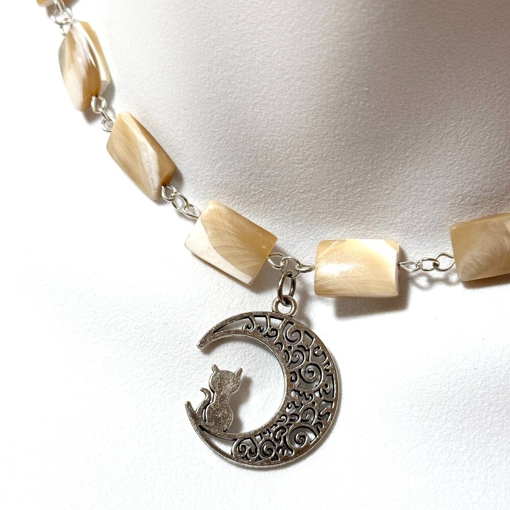 Rectangular Mother of Pearl Beaded Short Necklace + Cat on the Moon Pendant